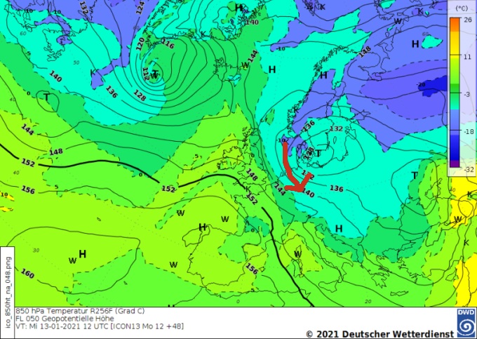 Bild 850hPa Karte für 20210113